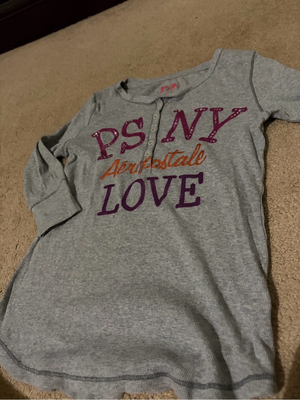 Aeropostale Light Grey PS NY LOVE Henley with Purple & Orange Graphic